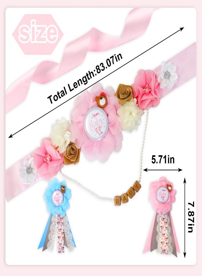 Blinket Pink Blue Bear Maternity Sash Corsage Set – Floral Baby Shower Sash with Mom to Be Pins Pearl BABY Letter Chain for Gender Reveal Party Decorations and Pregnancy Photoshoot - Image 2